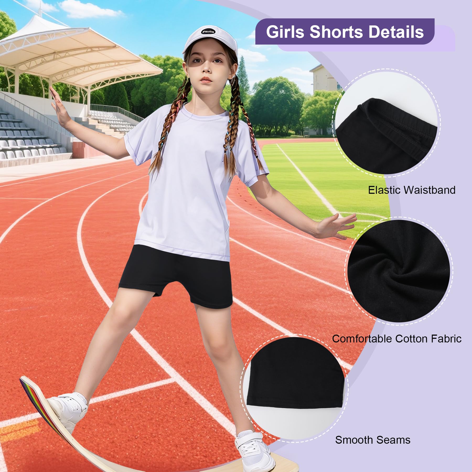 Pantaloni da ciclismo bambina cotone 3 pezzi nero estivi traspiranti 7-12 anni