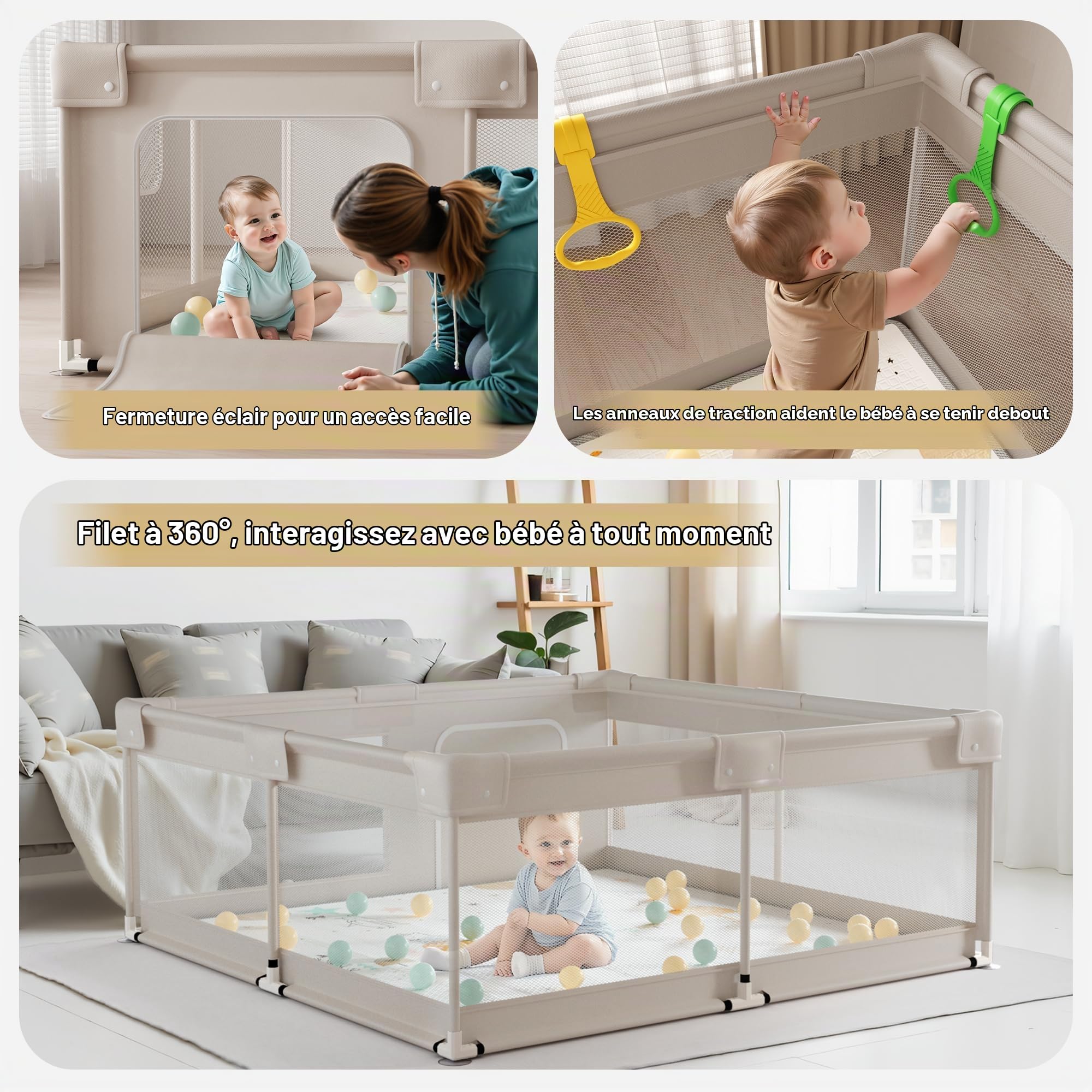 Parc Bebe 150×150cm - XXL Parc Bébé avec Tapis Tissu Oxford, Maille Respirante et Ventouses Antidérapantes, Espace de Jeu Sécurisé pour Bébé