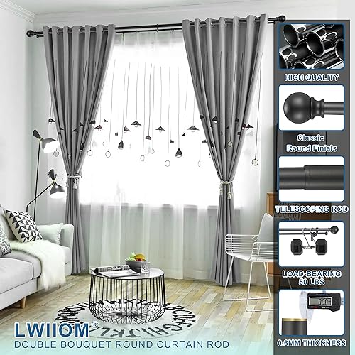 Miniatura 4 de Barras de cortina dobles con soportes de aluminio para ramo y remates redondos, barras de cortina negras mate para ventanas de 72 a 144 pulgadas,