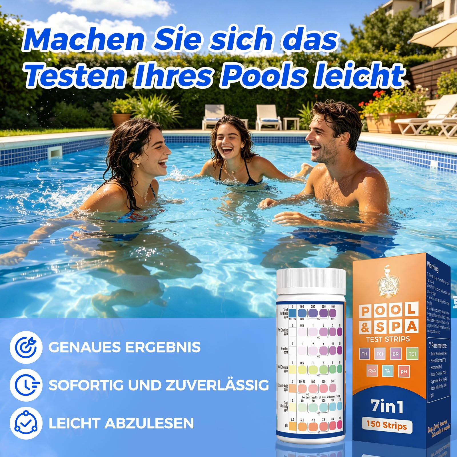 7 in 1 Pool Teststreifen, 150 × Teststreifen Pool Hochpräzise für Whirlpool & Spas,Schnelle Pool Wasser Analyse über Brom, Gesamtalkalinität, pH, freies Chlor, Gesamthärte, Cyanursäure und Gesamtchlor