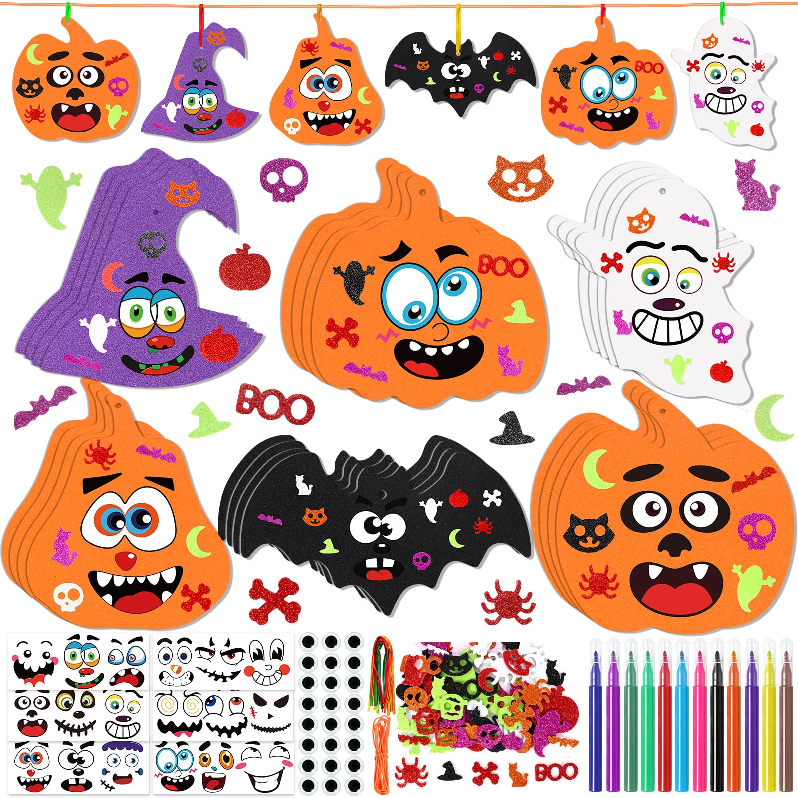Halloween Crafts for Kids-290PCS Bulk Halloween Foam Pumpkins with Stickers, Ghost & Witch Hat Hanging Ornaments,Halloween Activities Ornament for Classroom Party Supplies,Toddlers, Ages 3-12