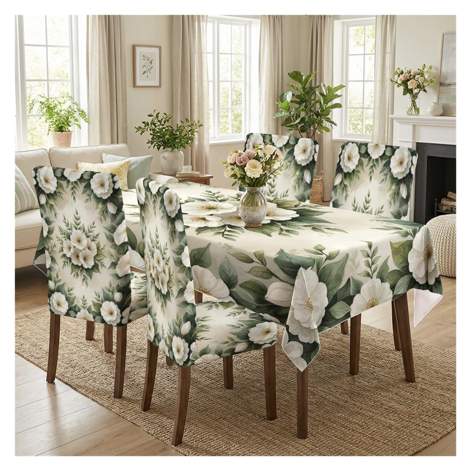BOSUYBN Deep Green Base White Magnolia Floral Print Dining Tablecloth & Chair Covers Set, 5/7 Piece Minimalist Vintage Farmhouse Dining Decor Table Setting(5pcs Set: Tablecloth+Chair Covers)