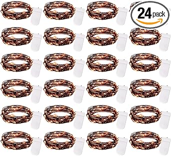 Brightown 24 Pack LED Fairy Lights Battery Operated String Lights Waterproof Silver Wire 7 Feet 20 LED Firefly Starry Moon Lights for DIY Wedding Party Bedroom Patio Christmas (Orange, 24 Pack)