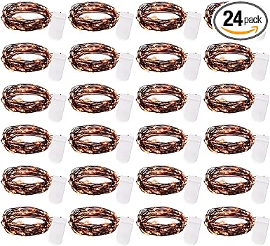 Brightown 24 Pack LED Fairy Lights Battery Operated String Lights Waterproof Silver Wire 7 Feet 20 LED Firefly Starry Moon Lights for DIY Wedding Party Bedroom Patio Christmas (Orange, 24 Pack)