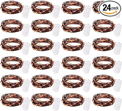 Brightown 24 Pack LED Fairy Lights Battery Operated String Lights Waterproof Silver Wire 7 Feet 20 LED Firefly Starry Moon Lights for DIY Wedding Party Bedroom Patio Christmas (Orange, 24 Pack)