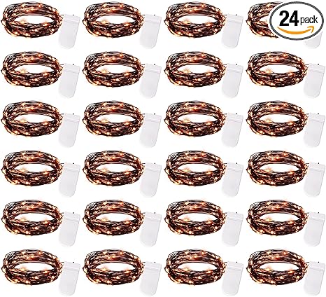 Brightown 24 Pack LED Fairy Lights Battery Operated String Lights Waterproof Silver Wire 7 Feet 20 LED Firefly Starry Moon Lights for DIY Wedding Party Bedroom Patio Christmas (Orange, 24 Pack)