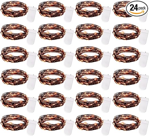 Brightown 24 Pack LED Fairy Lights Battery Operated String Lights Waterproof Silver Wire 7 Feet 20 LED Firefly Starry Moon Lights for DIY Wedding Party Bedroom Patio Christmas (Orange, 24 Pack)