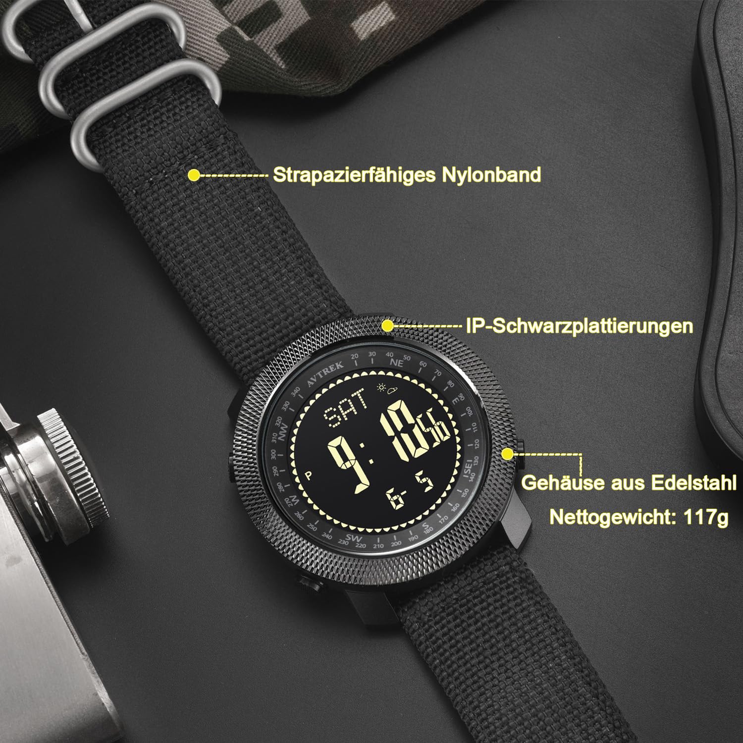 AVTREK Digitale Militär Uhr für Herren,mit Kompass Temperatur Schrittzähler | Sportuhr mit Hintergrundbeleuchtung Alarm,Taktische Überlebensuhren