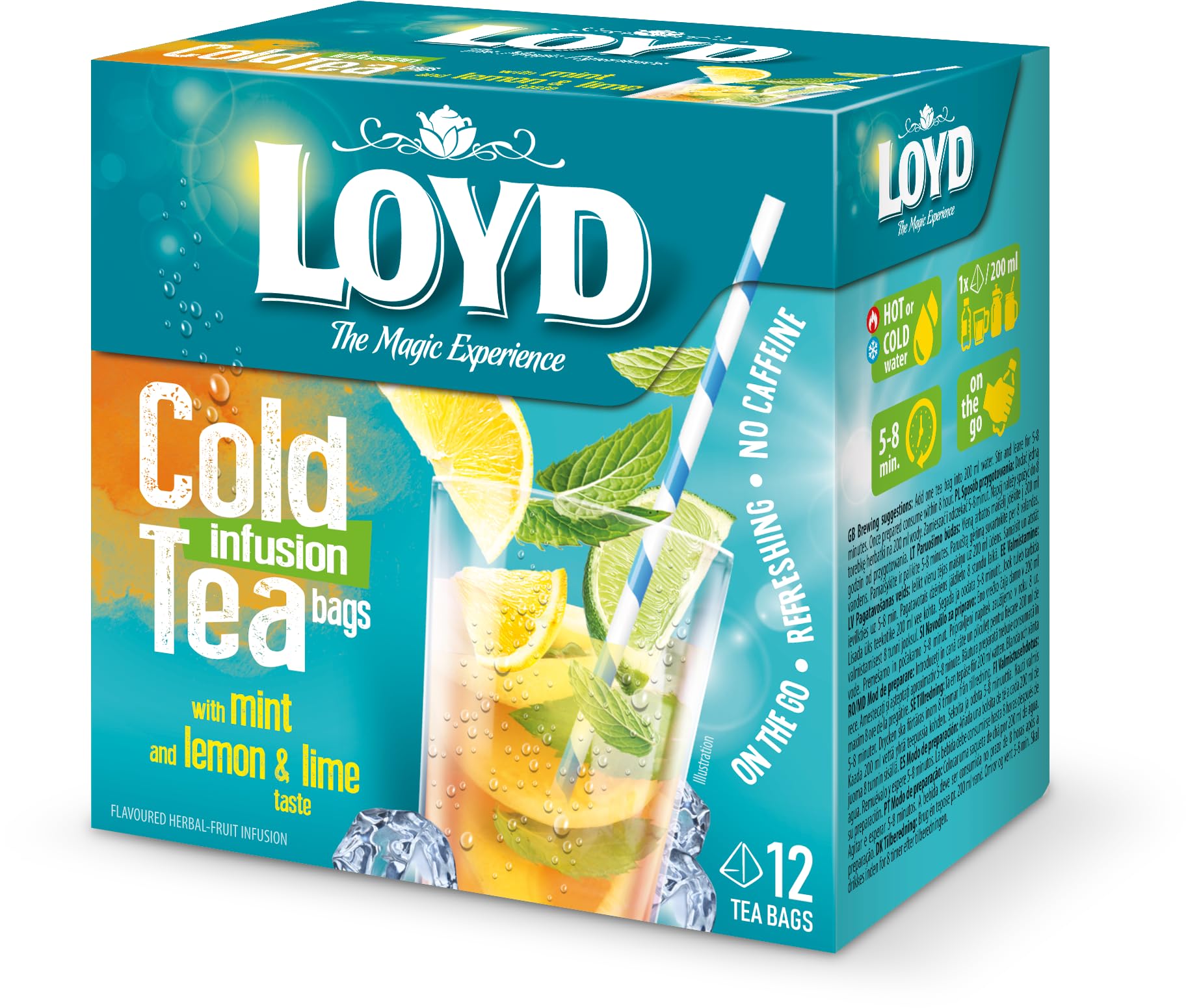LOYD - Eistee Zitrone Limette Minze - 12 Pyramidenbeutel - Sommerlicher Ice Tea, Aromatisiertes Süßer Kalter Tee, mit Natürlichen Zutaten, Wasser mit Geschmack, Ohne Zuckerzusatz, Cold Brew - 30g