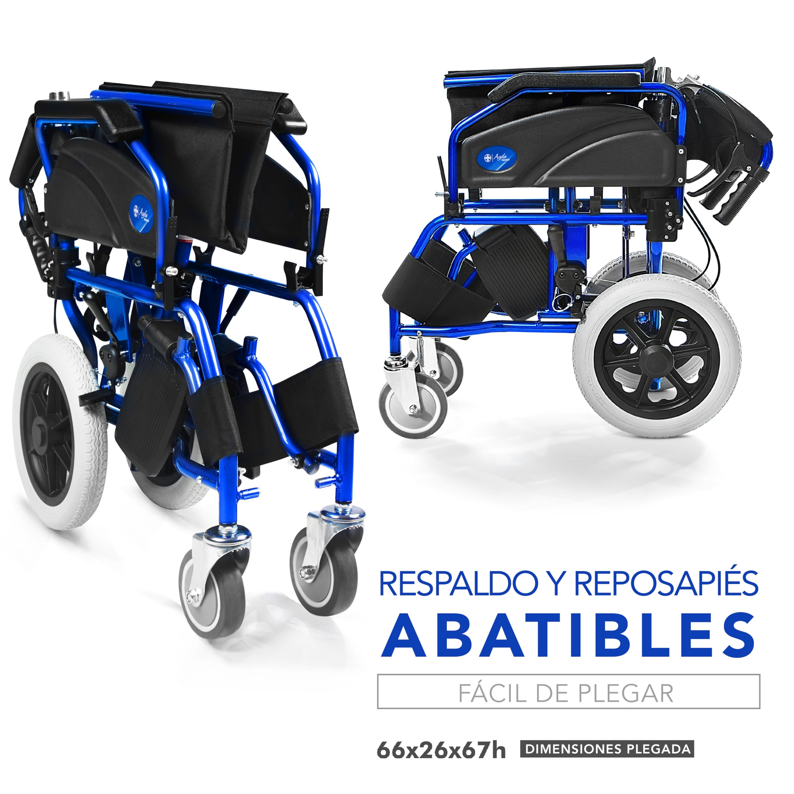 AIESI® Silla de Ruedas plegable Ultra-ligera de aluminio con freno para discapacitados y mayores AGILA TRANSIT, Doble sistema de frenado, Cinturon de seguridad, Garantía de 24 meses