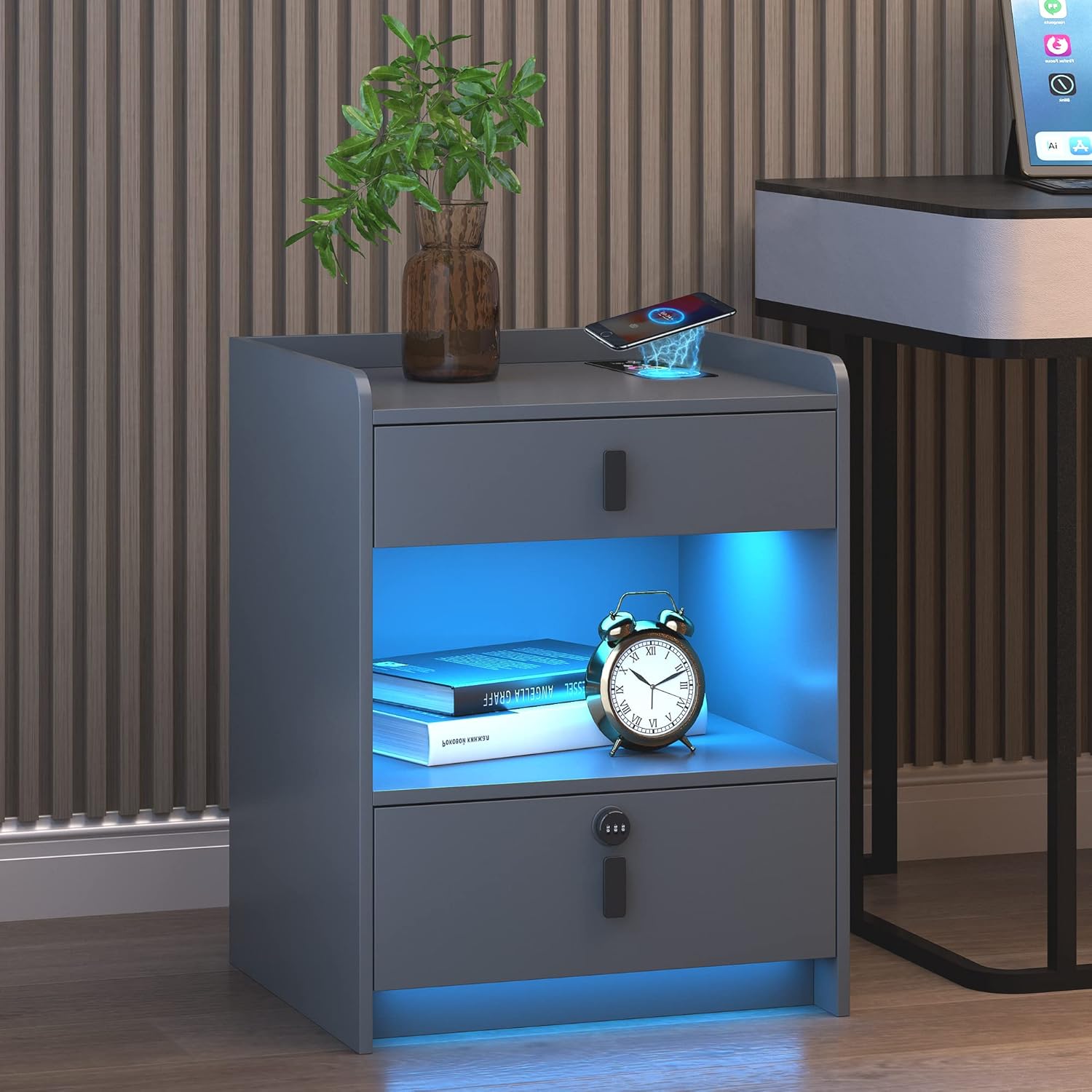 Vlsrka Nightstand with Charging Station, Night Stand with Drawers, LED Nightstands