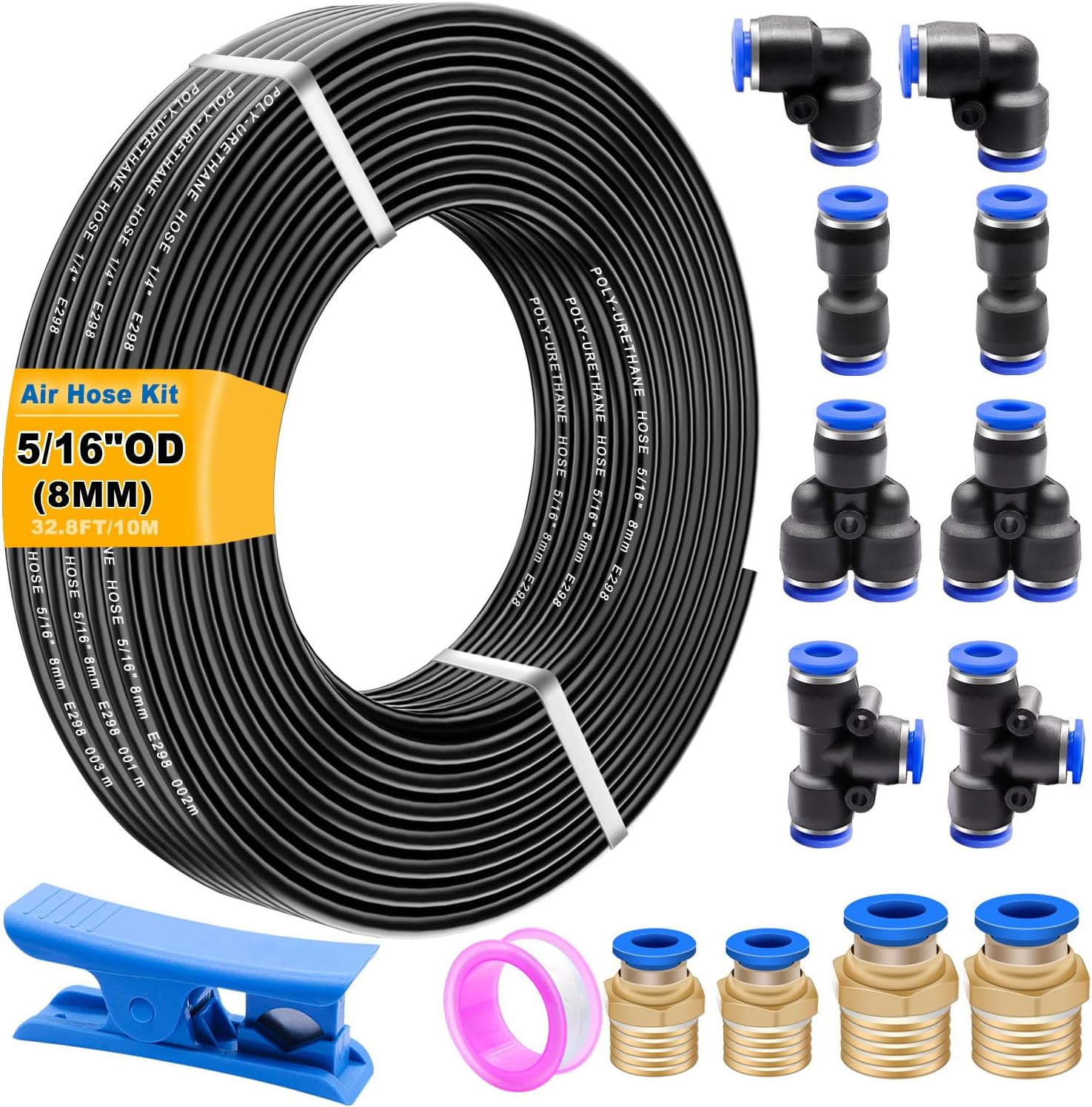 weideer Air Line Tubing Kit,5/16" Air Hose,5/16" (8MM) OD 32.8FT Polyurethane PU Air Hose Tube,8mm air line with Push To Connect Fittings,14 Pcs Compressed Accessories Kit K-162