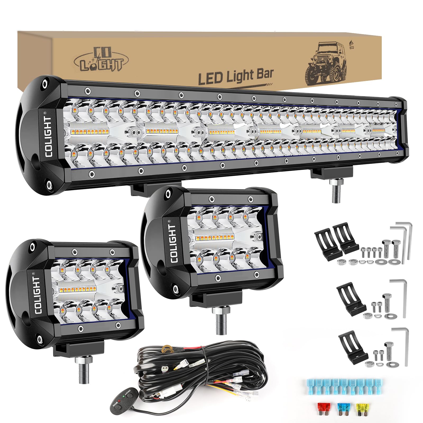 CO LIGHT 20 Inch LED Light Bar Combo with 2x4 Inch LED Pod | White Amber Strobe Lights - 6 Modes | Memory Function | Ideal Off-Road Lighting Solution for Trucks, Car, ATV, SUV, Boat