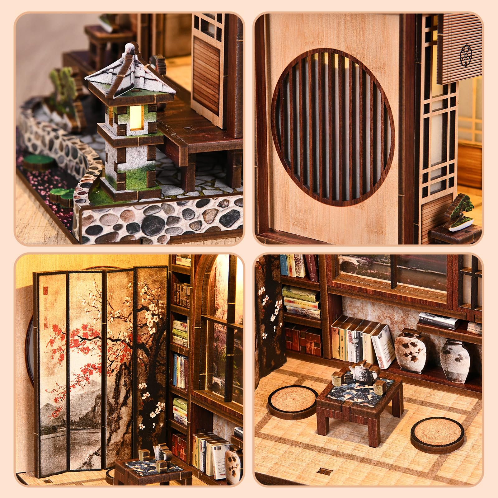 Book Nook Kit Maison de poupée Style Japonais LED Licht 3D Holzpuzzle DIY bastelset Erwachsene