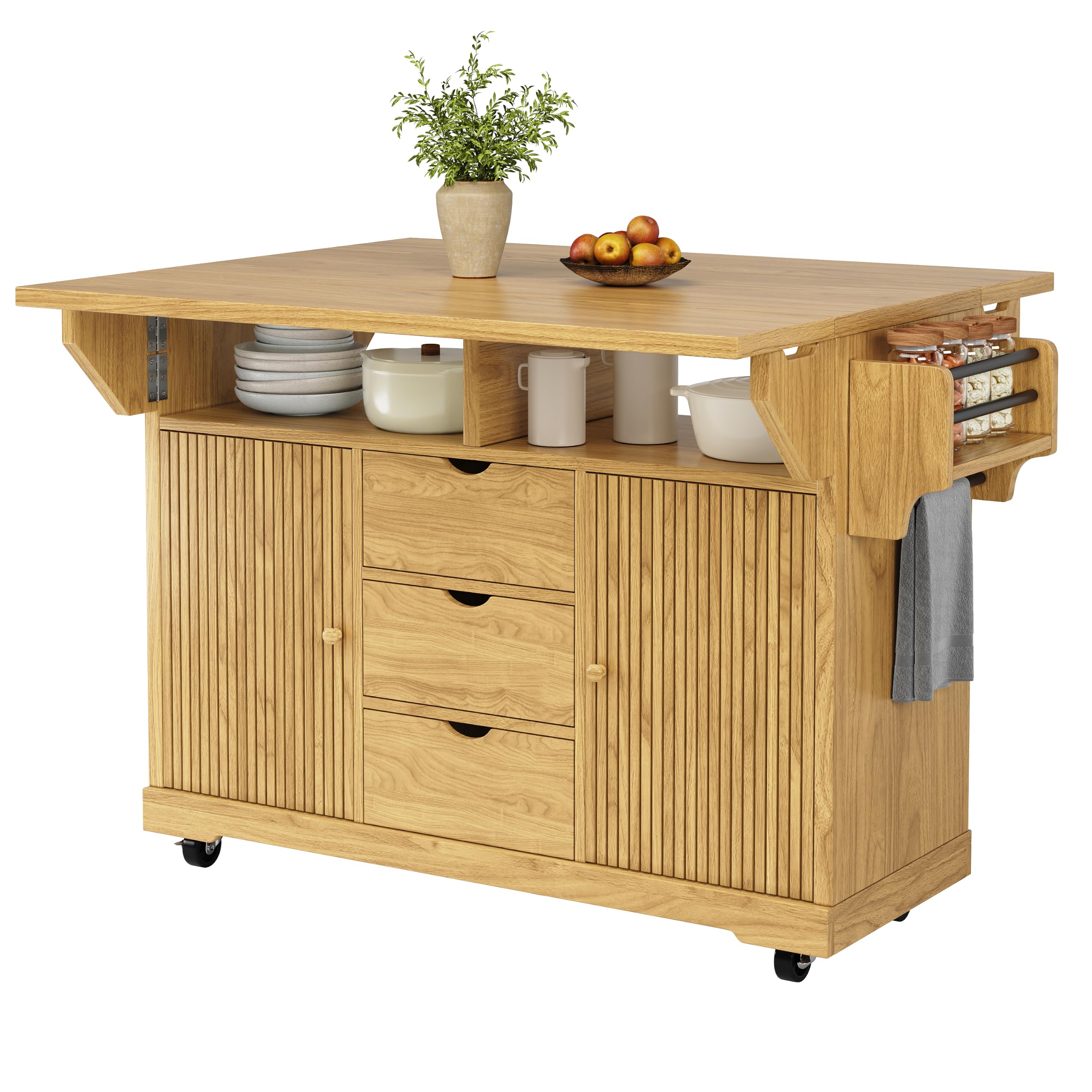 Shye Carrito para servir con extensión de mesa plegable, 95 cm de altura ergonómica, cajones, encimera, ruedas con bloqueo, color marrón