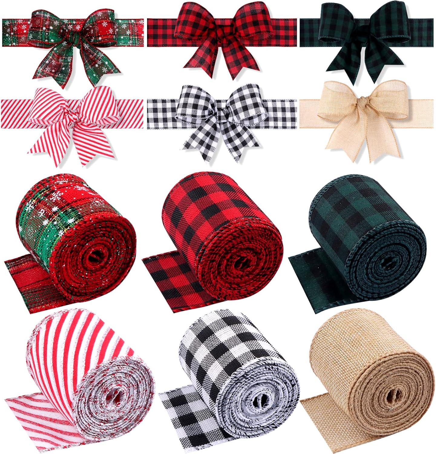 Kalolary 6 Rolls Christmas Wired Edge Ribbons, Xmas Ribbons Red and Black Plaid Buffalo Ribbons