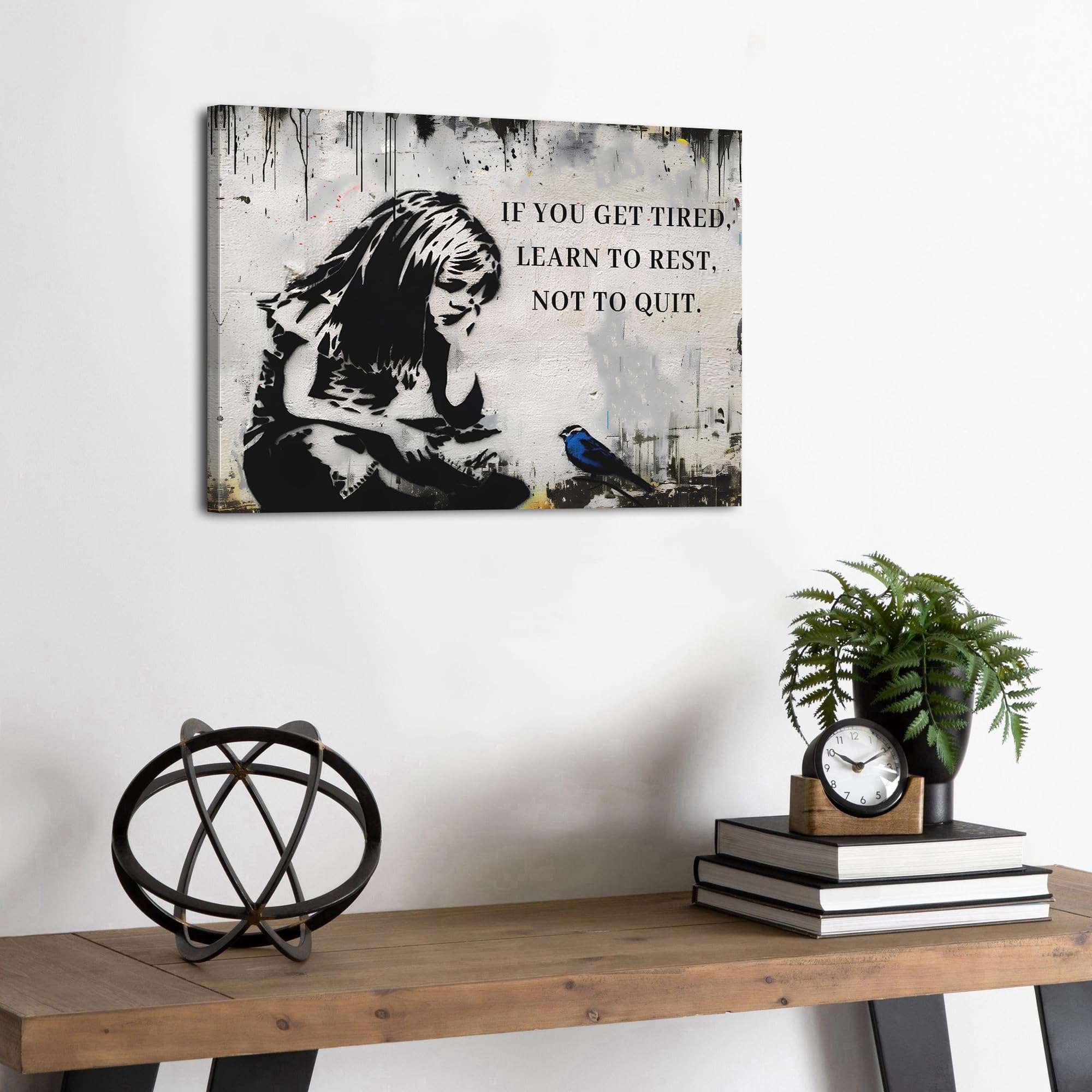 Banksy Canvas Wall Art Black and White Graffiti Street Pop Artwork Girl Canvas Prints Pictures If You Get Tired Learn to Rest Inspirational Quotes Wall Art for Living Room Bedroom Decorations 30x40cm - Image 3