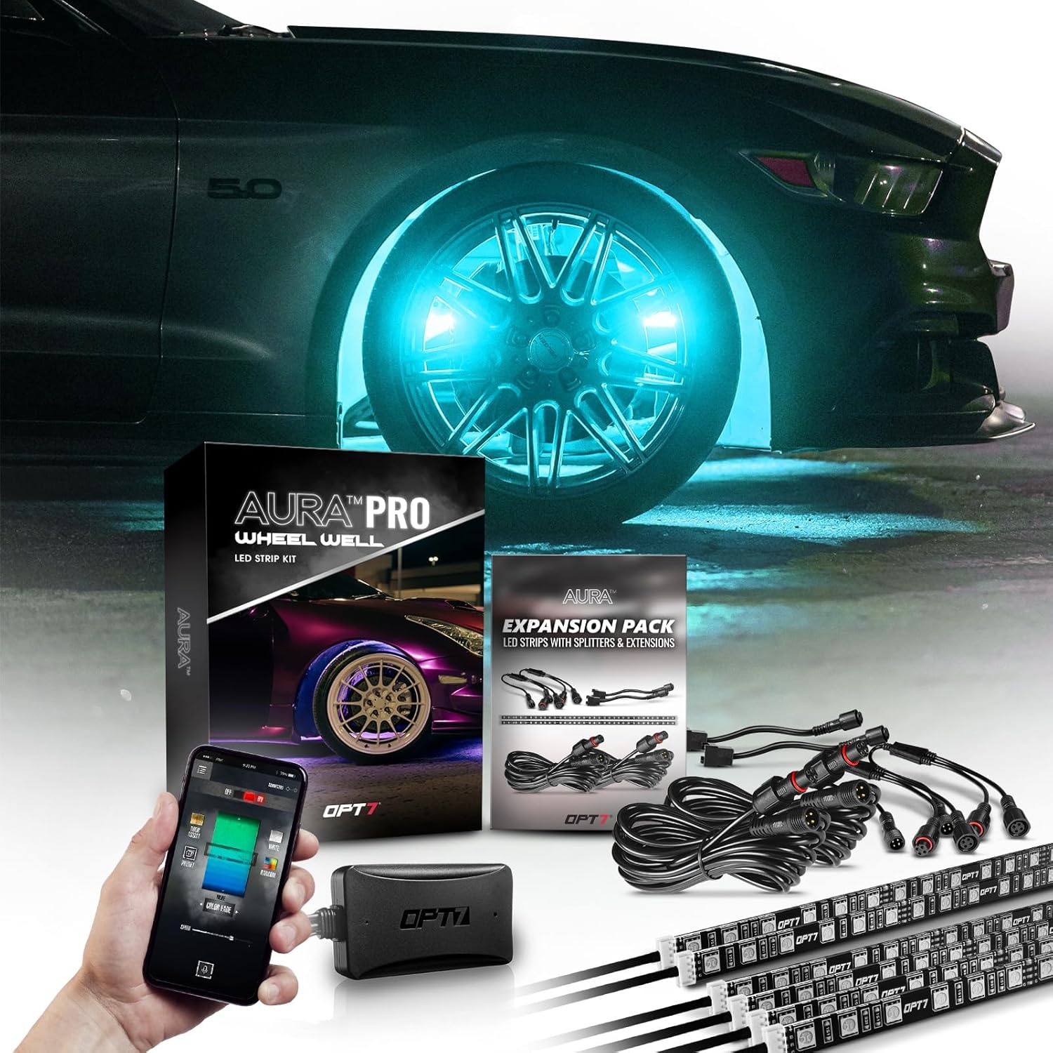 OPT7 24" LED Strip Expansion & Wheel Lights Bundle Kit with App & Remote Control, RGB Multicolor Modes, Music Sync, Easy Installation, Car Decor Accessories