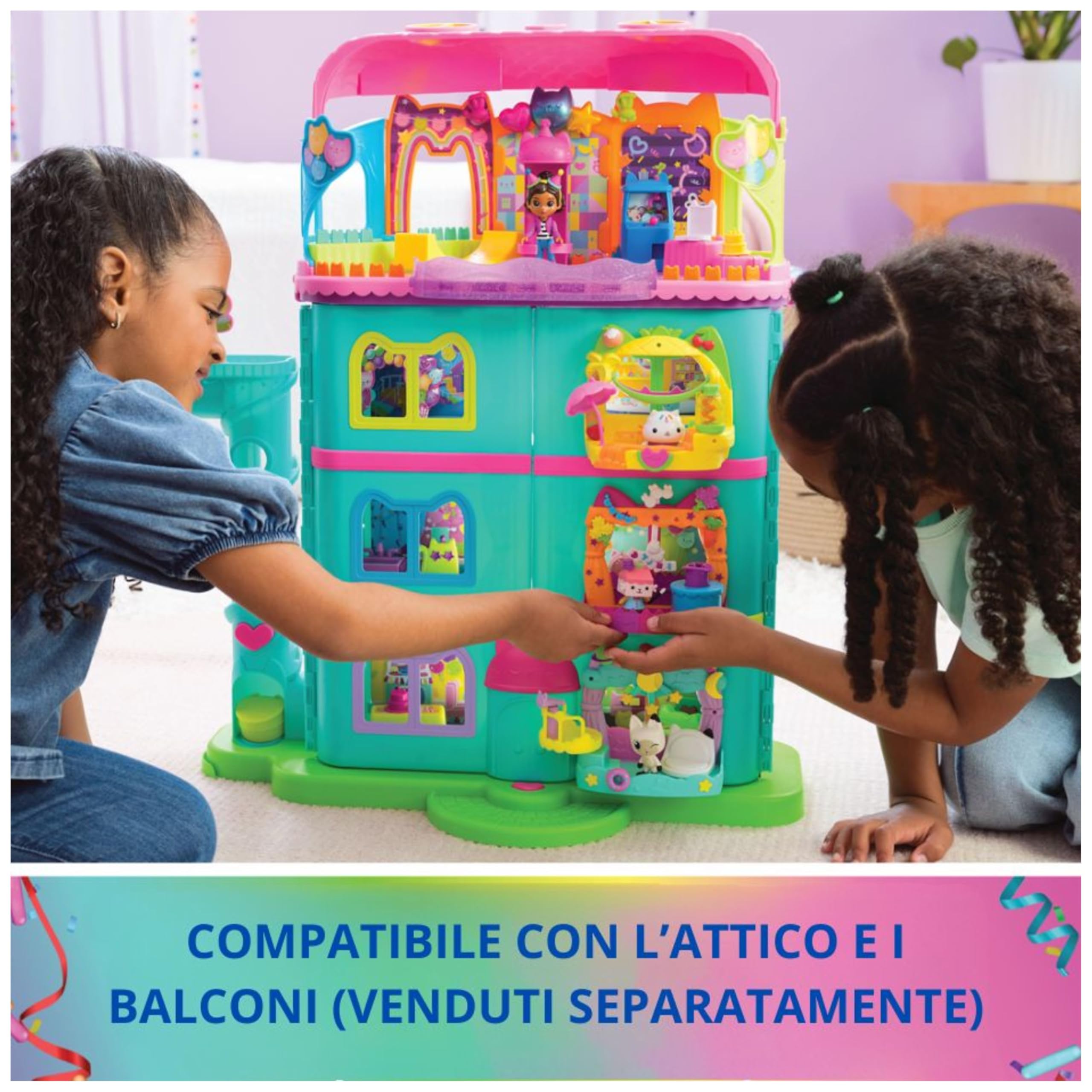 Gabby's Dollhouse, la Casa delle Bambole di Gabby a Tema Festa, 15 Pezzi a Tema Arcobaleno, Personaggi e Mobili per la Casa delle Bambole con Effetti Sonori, Alta 60 cm, 3+ Anni