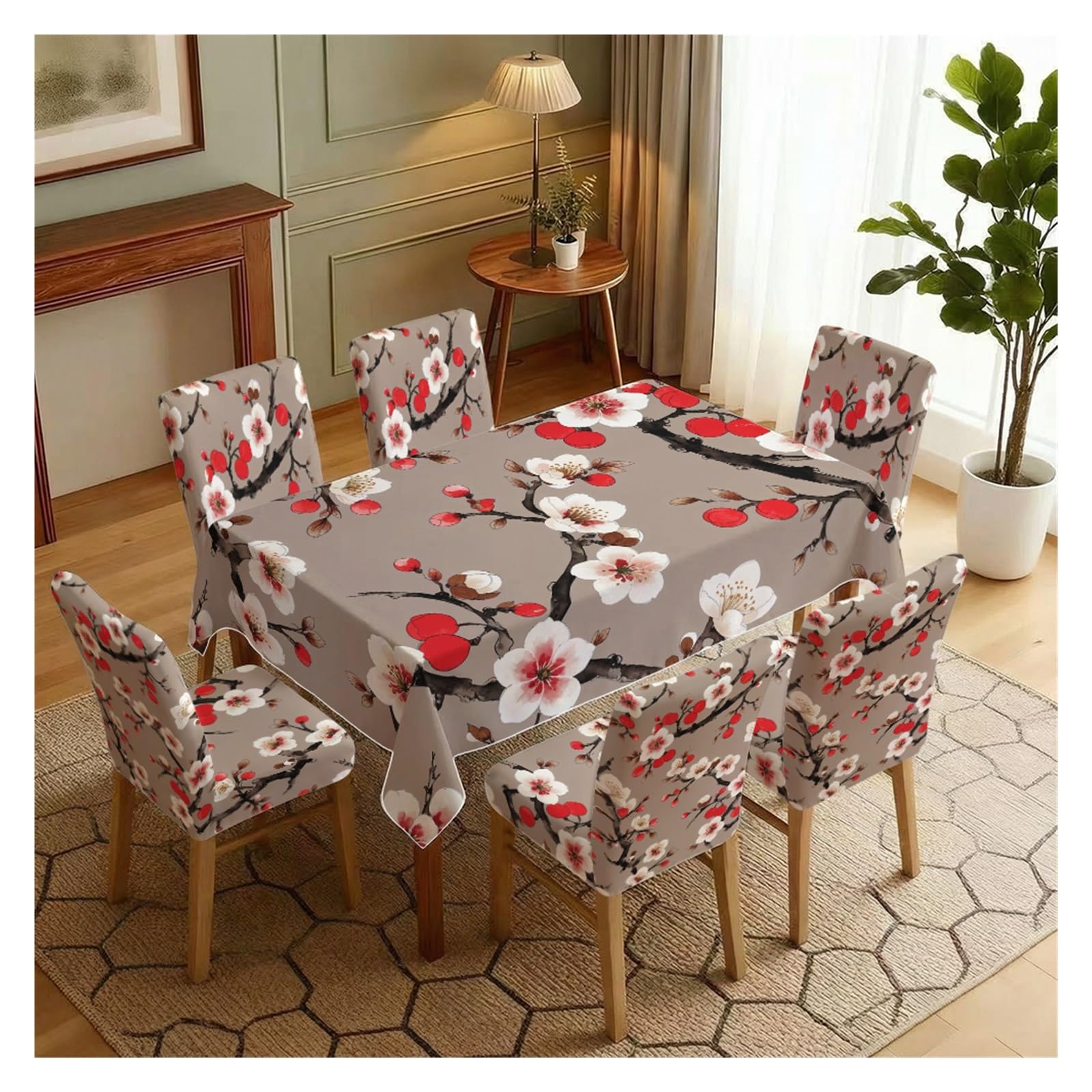 KXUAUV Plum Blossom Print Stretch Dining Chair Covers Tablecloth Set, For Kitchen Dining Living Room Farmhouse Decor, 5/7 Pack Party Decor(7pcs Set: Tablecloth+Chair Covers)
