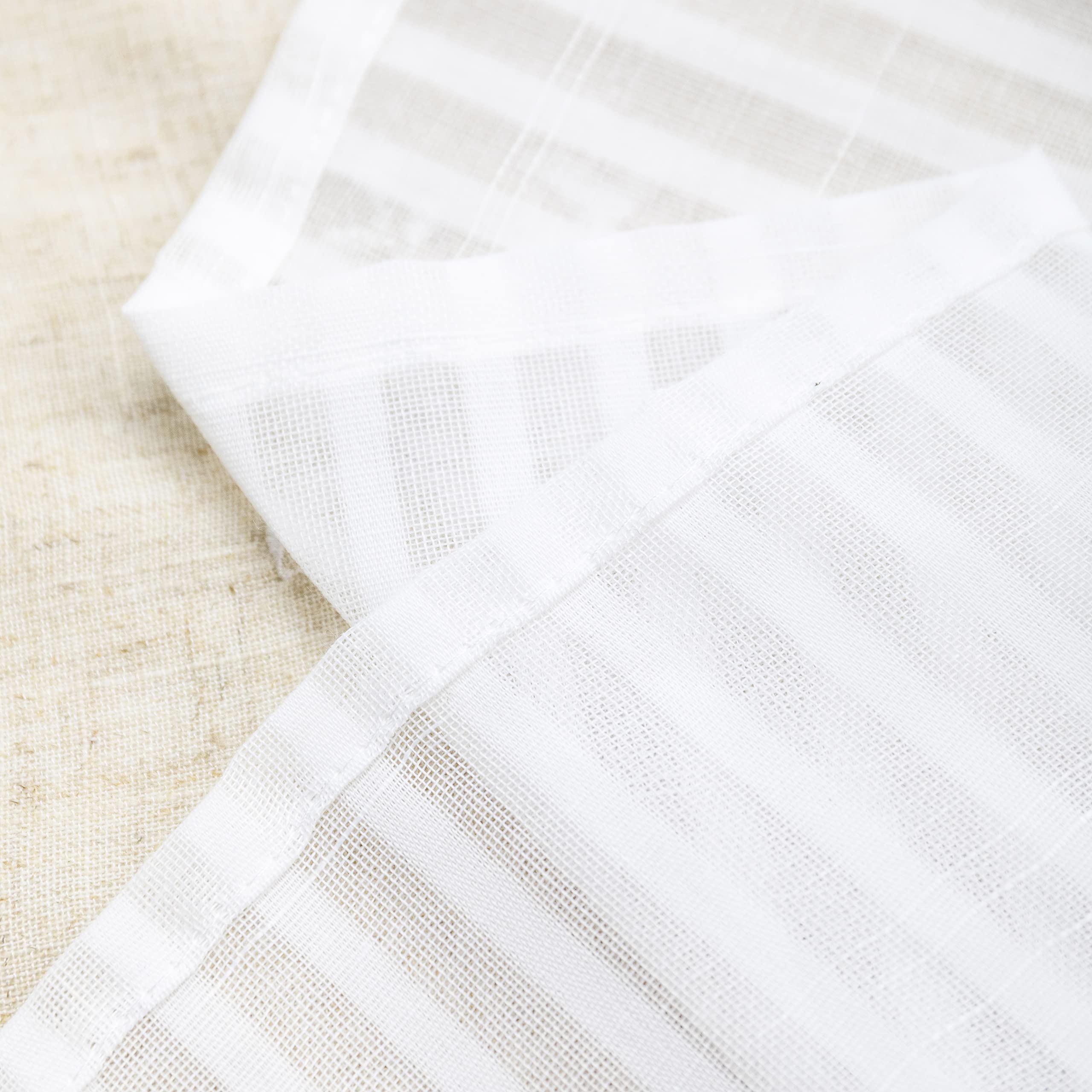 Lot de 2 rideaux blancs semi-transparents à rayures et ourlet supérieur beige, avec broderie florale, mélange de lin, style shabby chic, 2 panneaux avec œillets (beige, 140 x 280 cm)