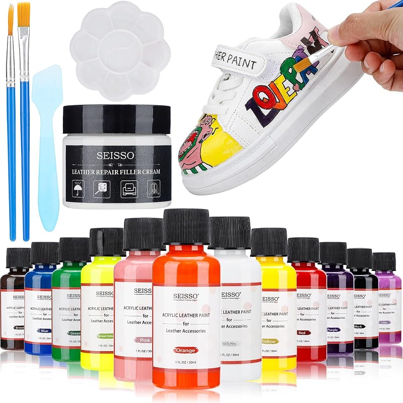 Kit de Reparo para Couro e Vinil SEISSO com Tintas Acrílicas em 12 Cores, Creme Preenchedor e Acessórios