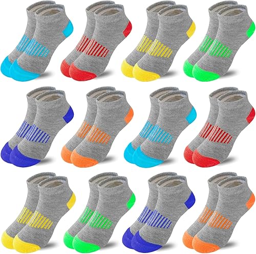Tsmollyu Calcetines para niño 12 pares de calcetines de algodón atléticos medio acolchados calcetines de corte bajo para niños pequeños y grandes de