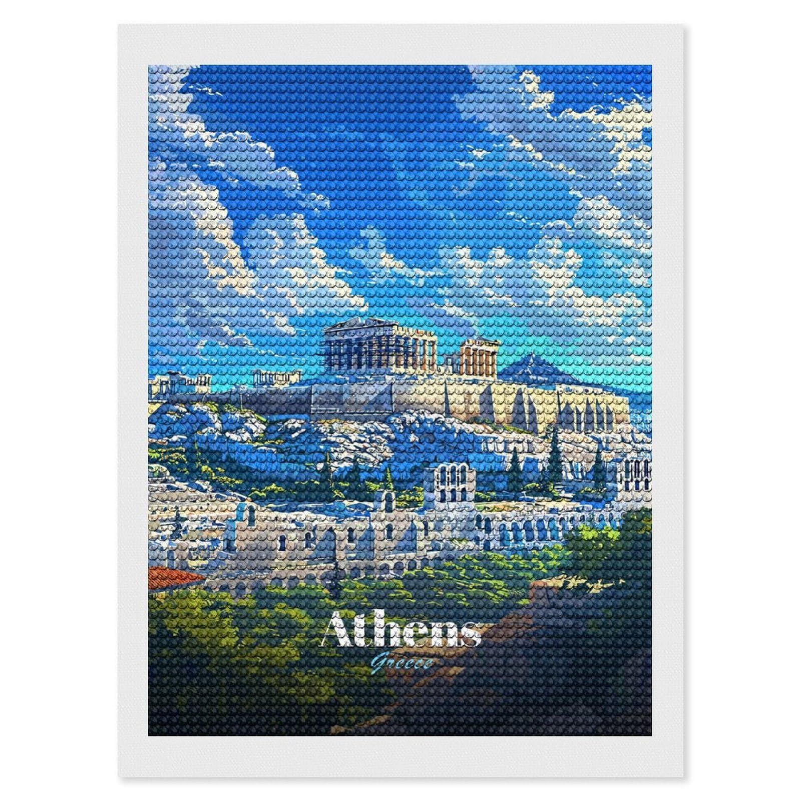 Junmoney Athens, Greece Illustrated Cityscape Diamond Art Canvas 12"x16", Decorate Your Room, Mindful Craft Activity, Cosy Home Accent, Thoughtful Handmade Gift