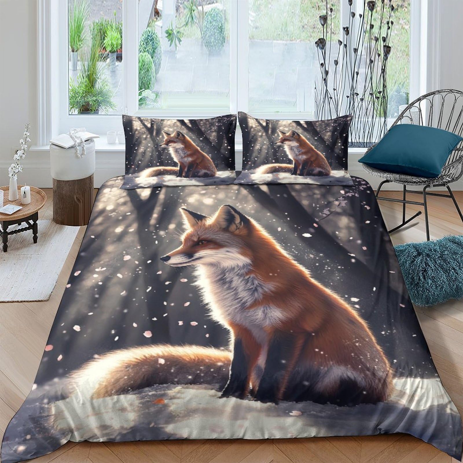 Ctjqhvkz Style-7 3D Printed Fox Forest Fitted Sheet Microfiber Soft Slip-Resistant Autumn Woods Bed Sheet Bedroom Guestroom Decor Single（135X200cm）