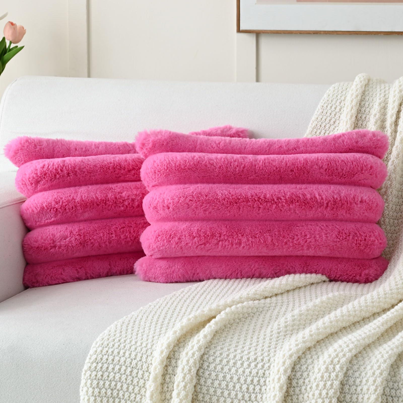 FUTEI Set of 2 Fluffy Faux Rabbit Fur Cushion Covers 30x50 cm,Hot Pink — image 1
