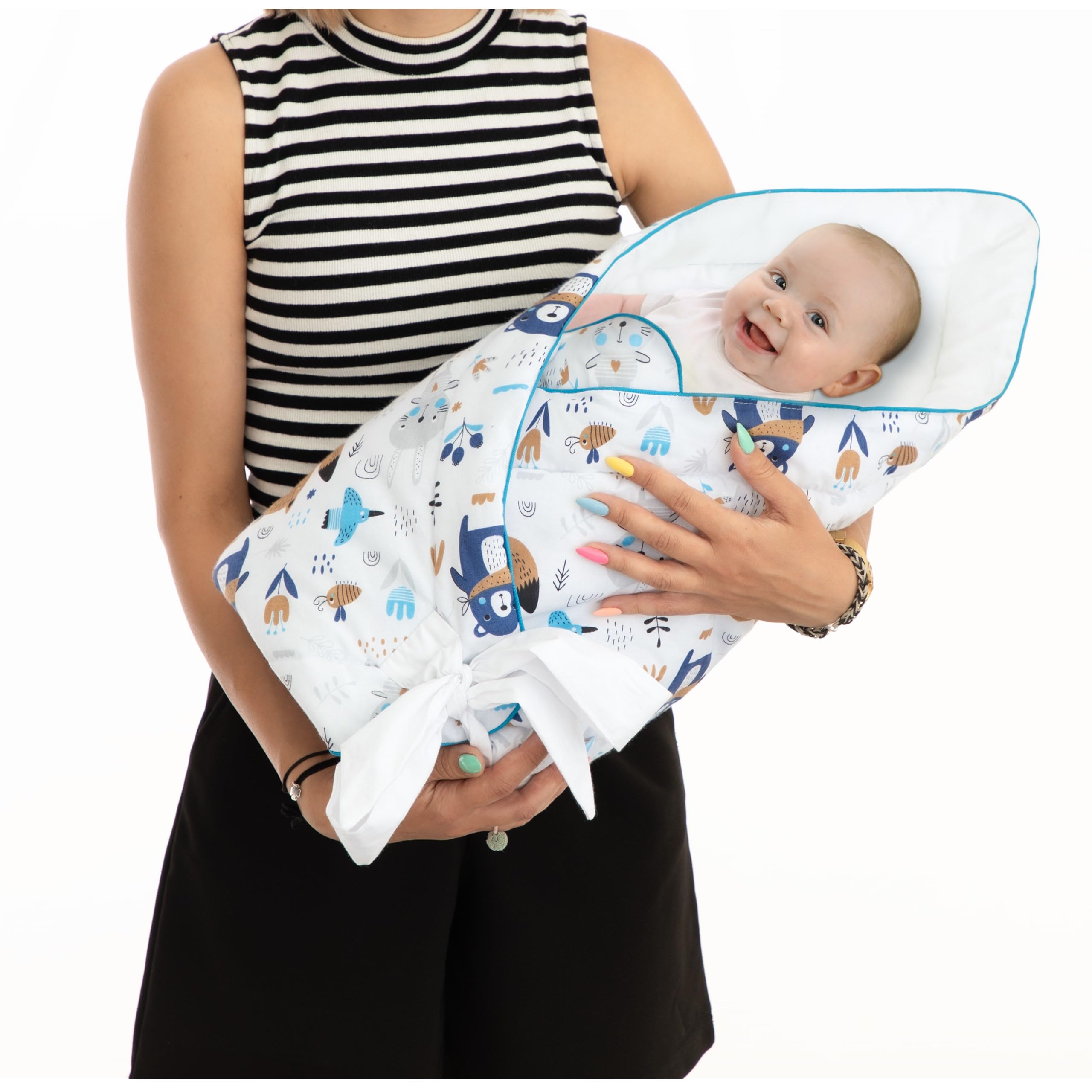 Kocyk do owijania fotelika dla niemowląt – kocyk dla noworodków z ochroną głowy i podparciem głowy – 75 x 75 cm – koc Swaddle od 0-3 miesięcy (niedźwiedź i lis)