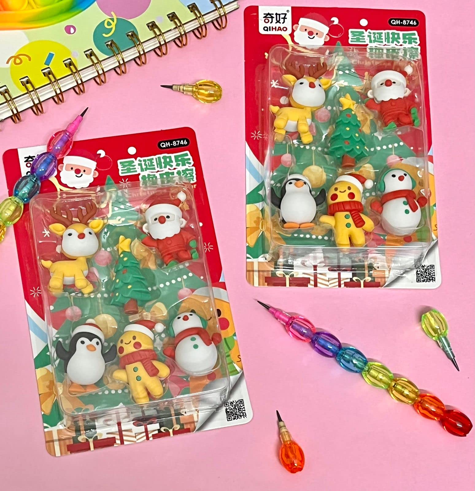 Le Delite Santa Claus Christmas Tree Reindeer Snowman Xmas Theme Eraser Rubber Set 2 Box Cute School Stationery Combo of 6 Erasers(2 Set) & Rainbow Pencil/Secret Santa Return Gifts for Kids