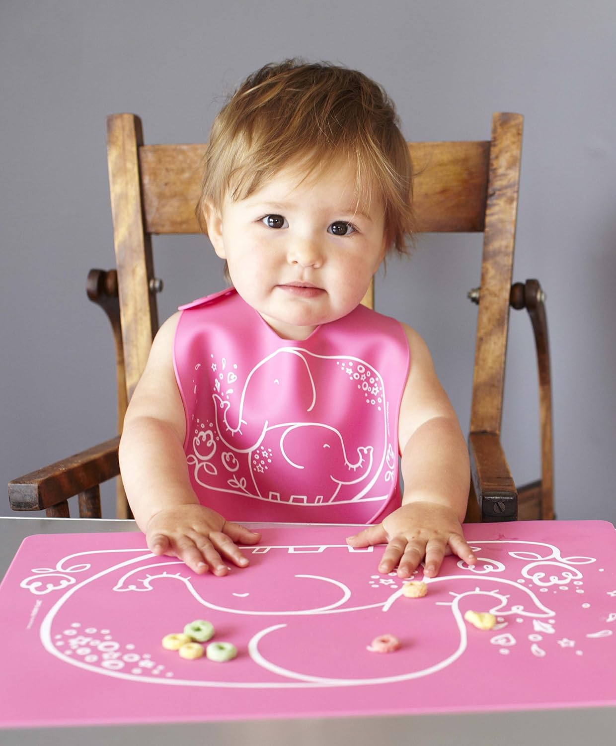 modern-twist Bucket-Bib Silicone Baby Bib, No BPAs, Flexible, Dishwasher Safe Bib, Elephant Hugs, Bright Pink, Pack of 1