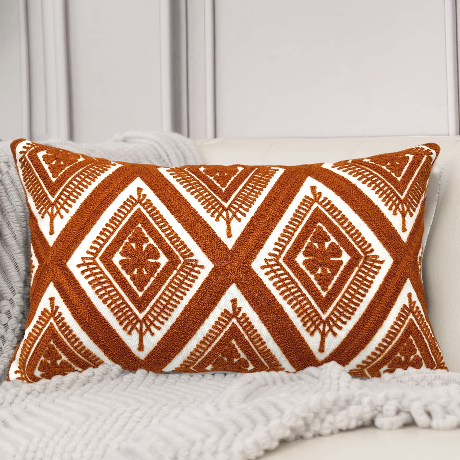 Alysheer Haftowana dekoracyjna poszewka na poduszkę lędźwiową 30 cm x 50 cm, klasyczny boho geometryczny wzór haftowany bawełniana prostokątna poszewka na poduszkę na sofę kanapę salon sypialnia