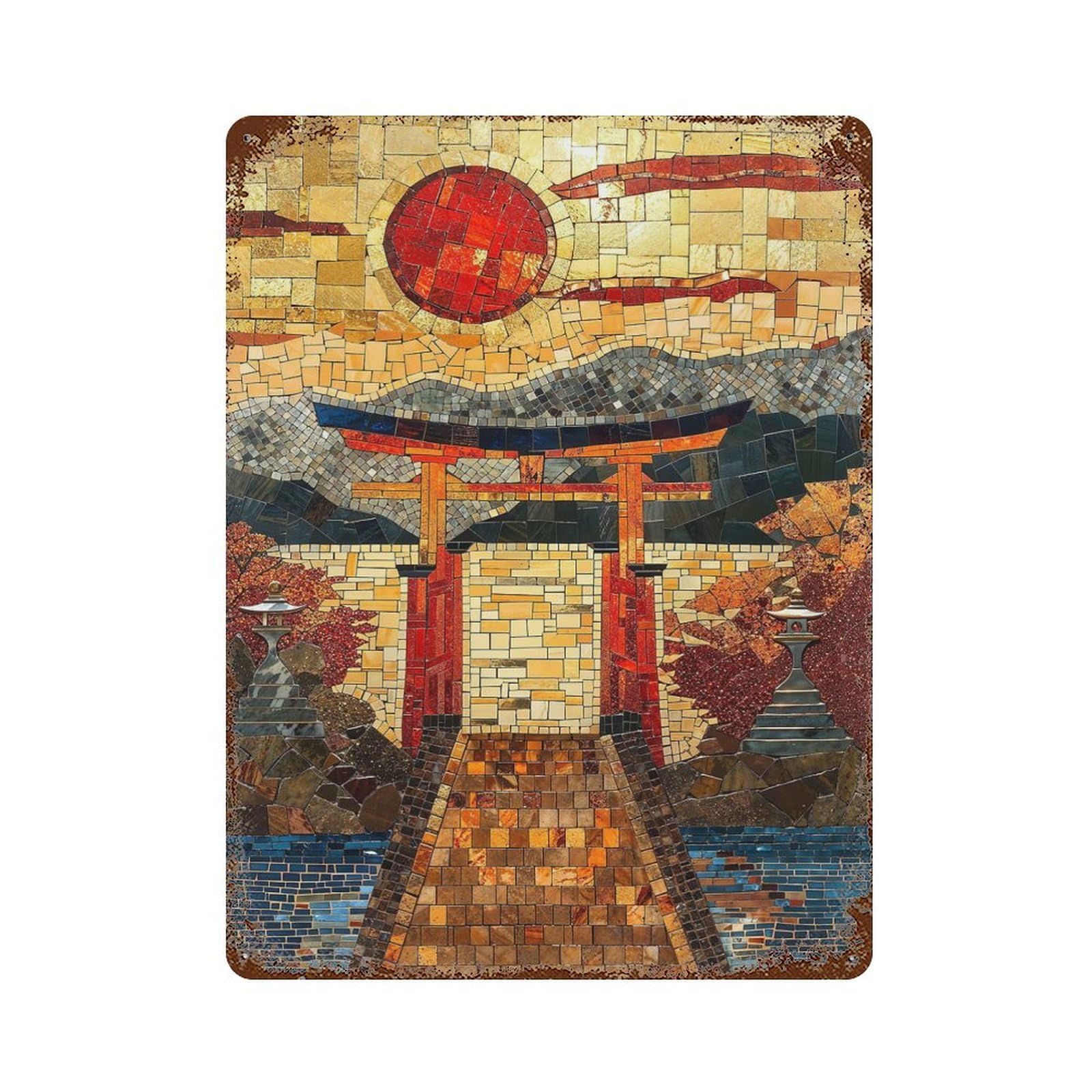 Retro Metal Sign with Sacred Torri Path Mosaic Design 15.7"x11.8", for Bistro, Counter And Cafe Decor, Shabby Chic Decor