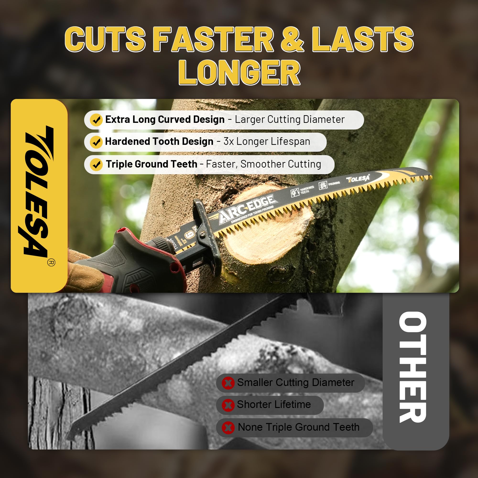 TOLESA Japanese Teeth Reciprocating Saw Blade 300mm, Arc Edge Wood Pruning Saw Blades 6TPI for Tree Trimming&Wood Cutting (3-Pack) - Image 4