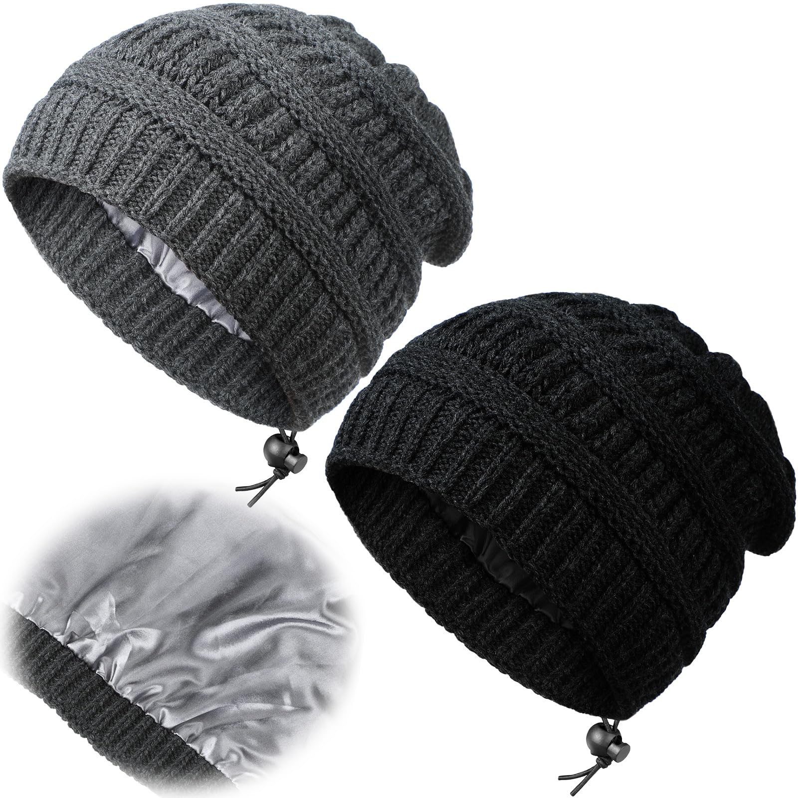 SATINIOR 2 Pieces Knit Beanie Hats for Men Women Skull Caps Satin Lined