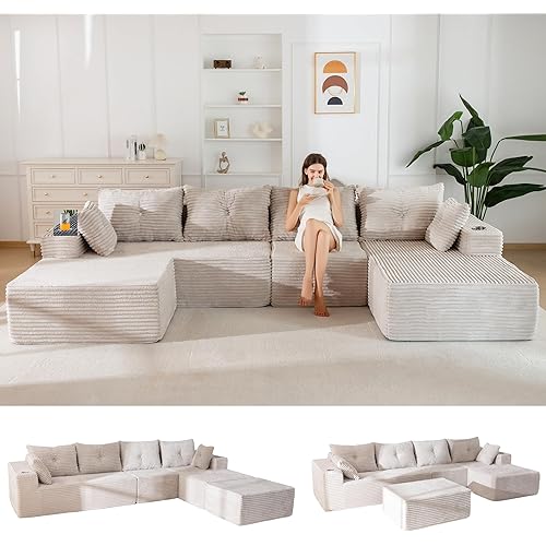 MAXYOYO 131.6" Giant U-Shaped Modular Sectional Couch, Modern Boneless Couch for Living Room, Sofa in A Box, Oversized Sofa Sleeper with Deep Seat, No Assembly Required, Grayish Beige