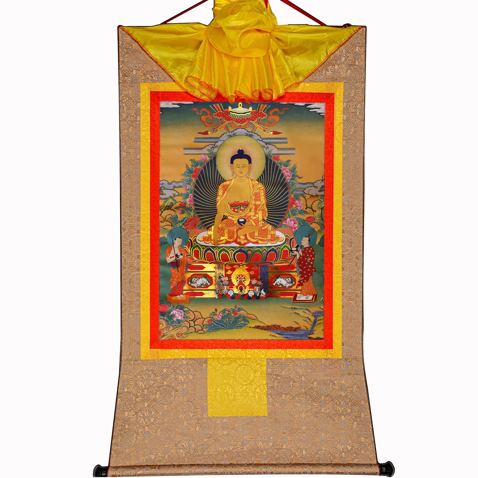 Gandhanra Tibetan Buddhist Thangka Wall Hanging,Shakyamuni Thangka,Hot Stamped Brocade Buddhist Tapestry for Zen Home Decor, Meditation, Spiritual Relaxation