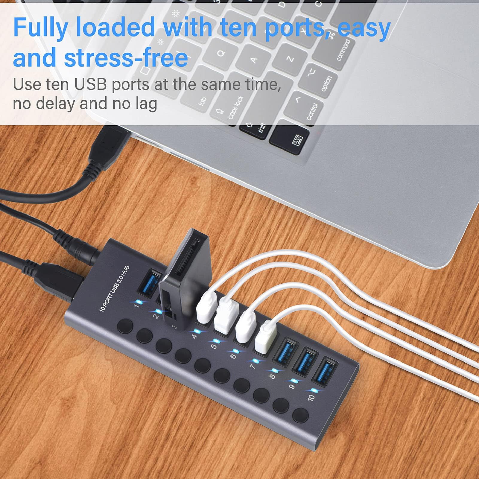 Ejoyous Hub USB 3.0 con Alimentatore, Hub USB 3.0 a 10 Porte da 60 W con Interruttore On/off e LED per Laptop Pro Air PC (Spina europea)