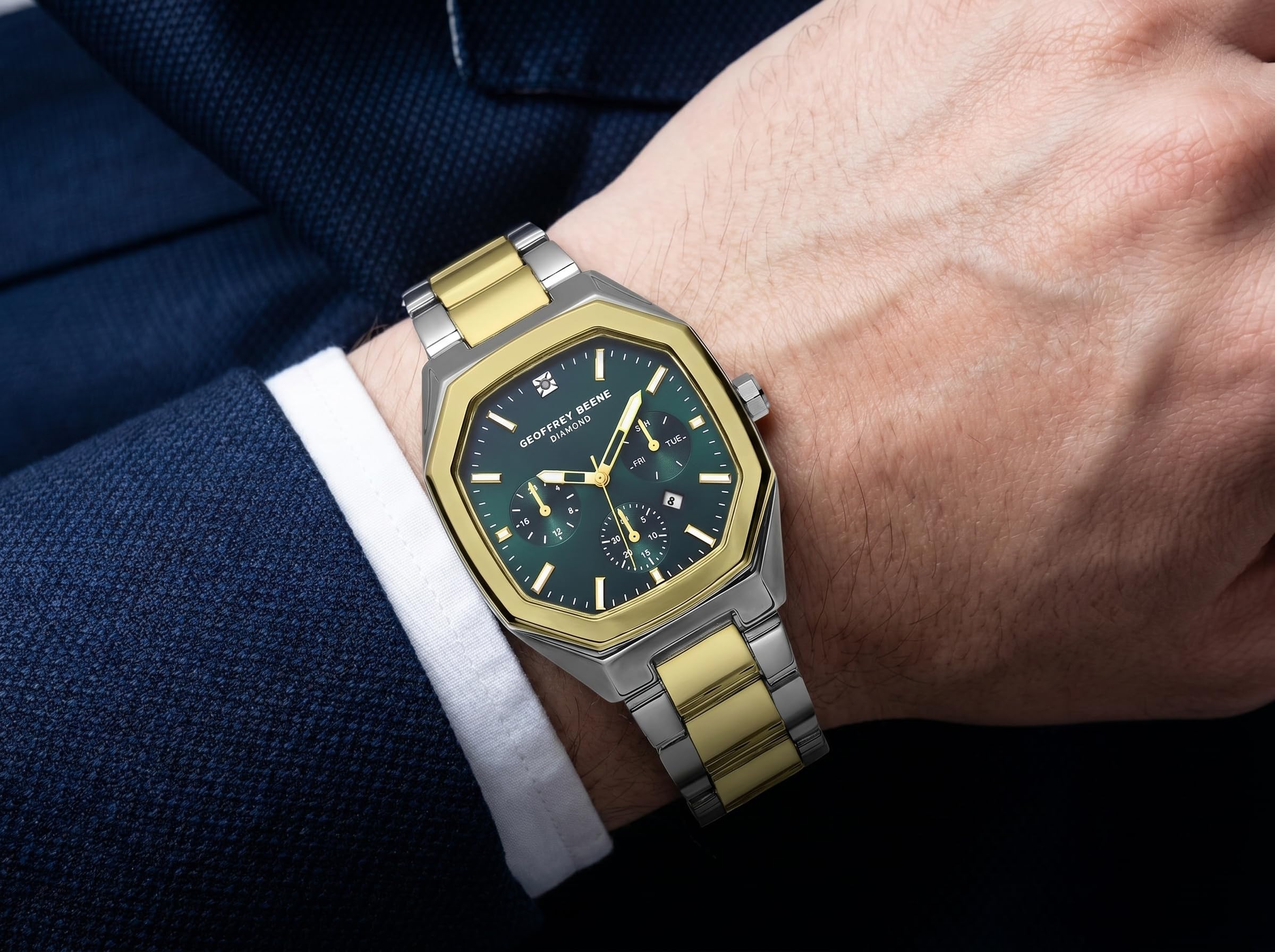 Geoffrey Beene Orologio da uomo in metallo, quadrante con diamanti autentici, al quarzo, datario, design elegante (argento)