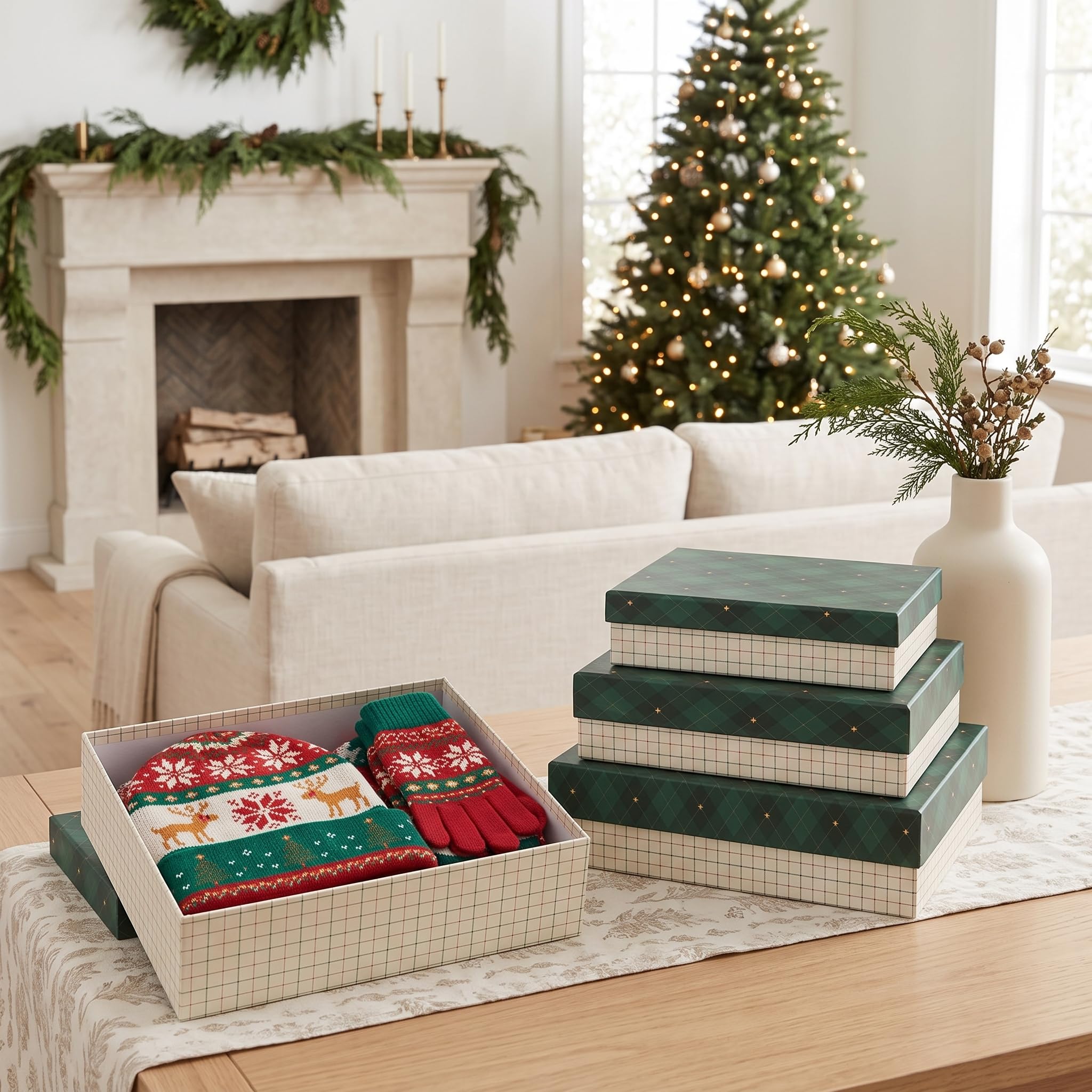 Soul & Lane - Lot de 4 boîtes cadeaux de Noël à carreaux avec couvercles, boîtes de vacances