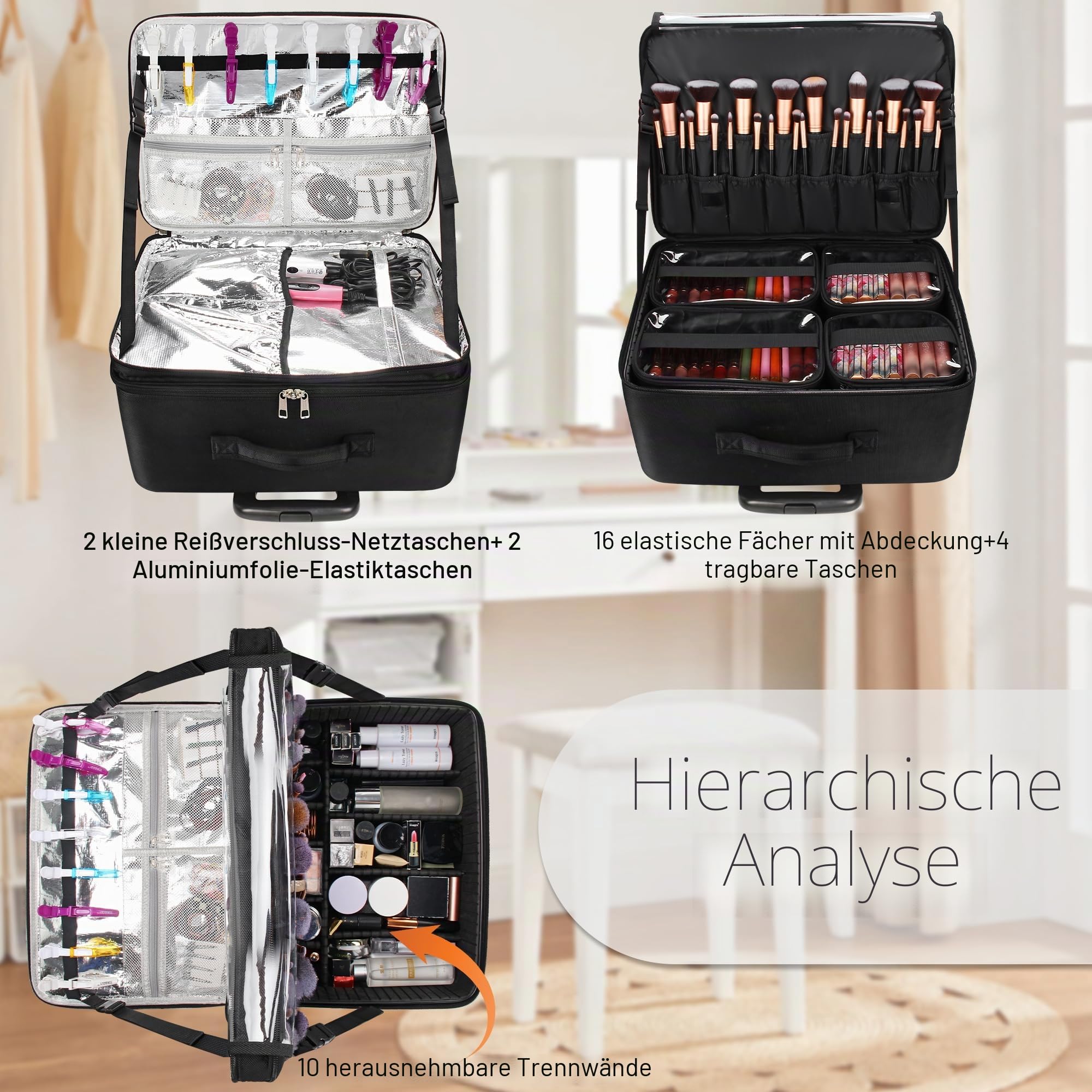 17.7" Extra Große Kosmetikkoffer Trolley - Professionelle Schminkkoffer Reise Beauty Case Tragbare Kosmetiktasche Organizer Damen Make Up Box Friseurkoffer