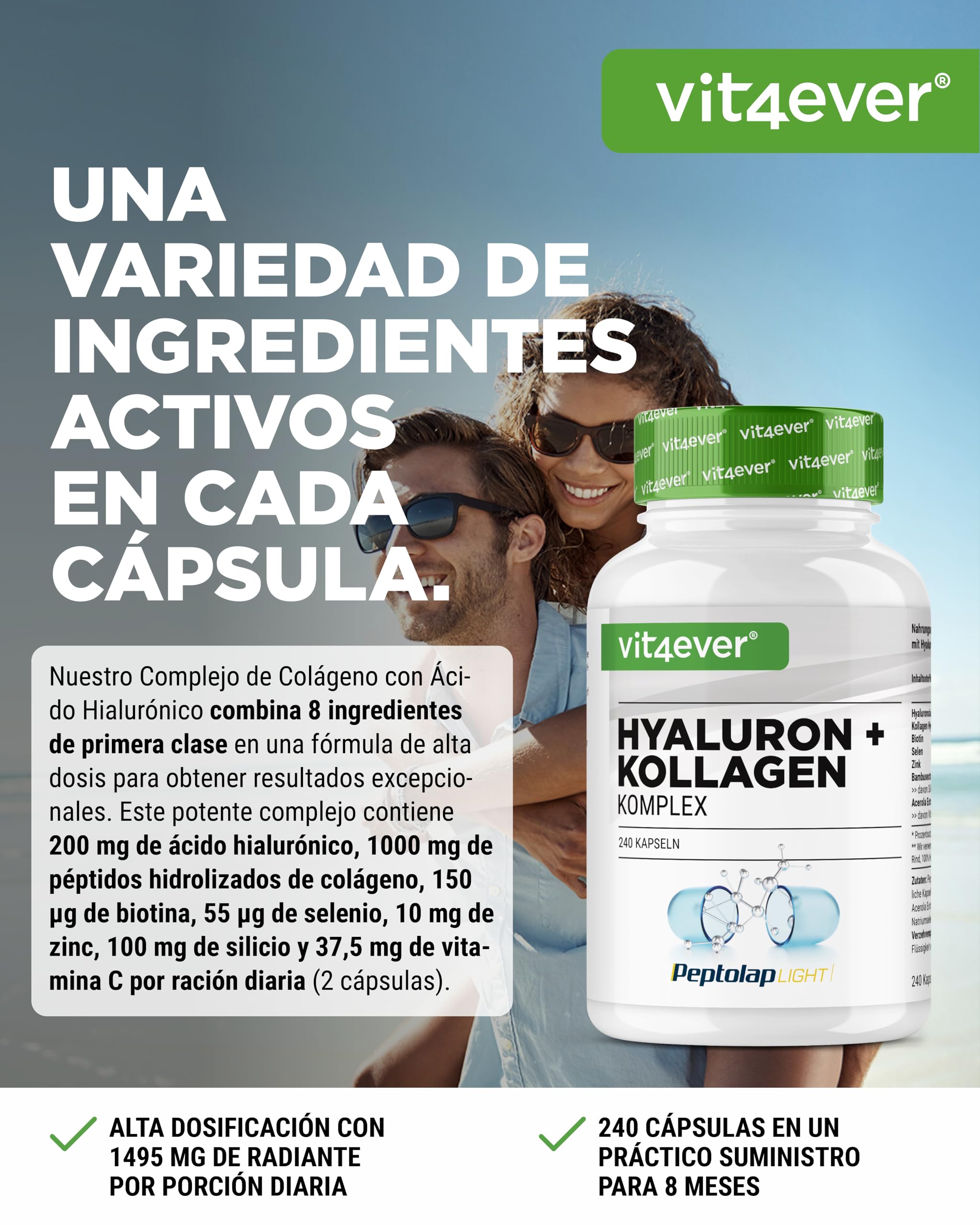 vit4ever Complejo de Ácido Hialurónico y Colágeno - 240 cápsulas - Premium: Con Biotina Bioactiva, Selenio, Zinc, Vitamina C natural de la Acerola y Silicio de Bambú