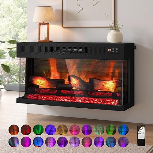 Miniatura 2 de Bonnlo Chimenea eléctrica de vidrio de 3 caras de 28 pulgadas de ancho con aplicación y control remoto, calentador de chimenea falso realista con 6