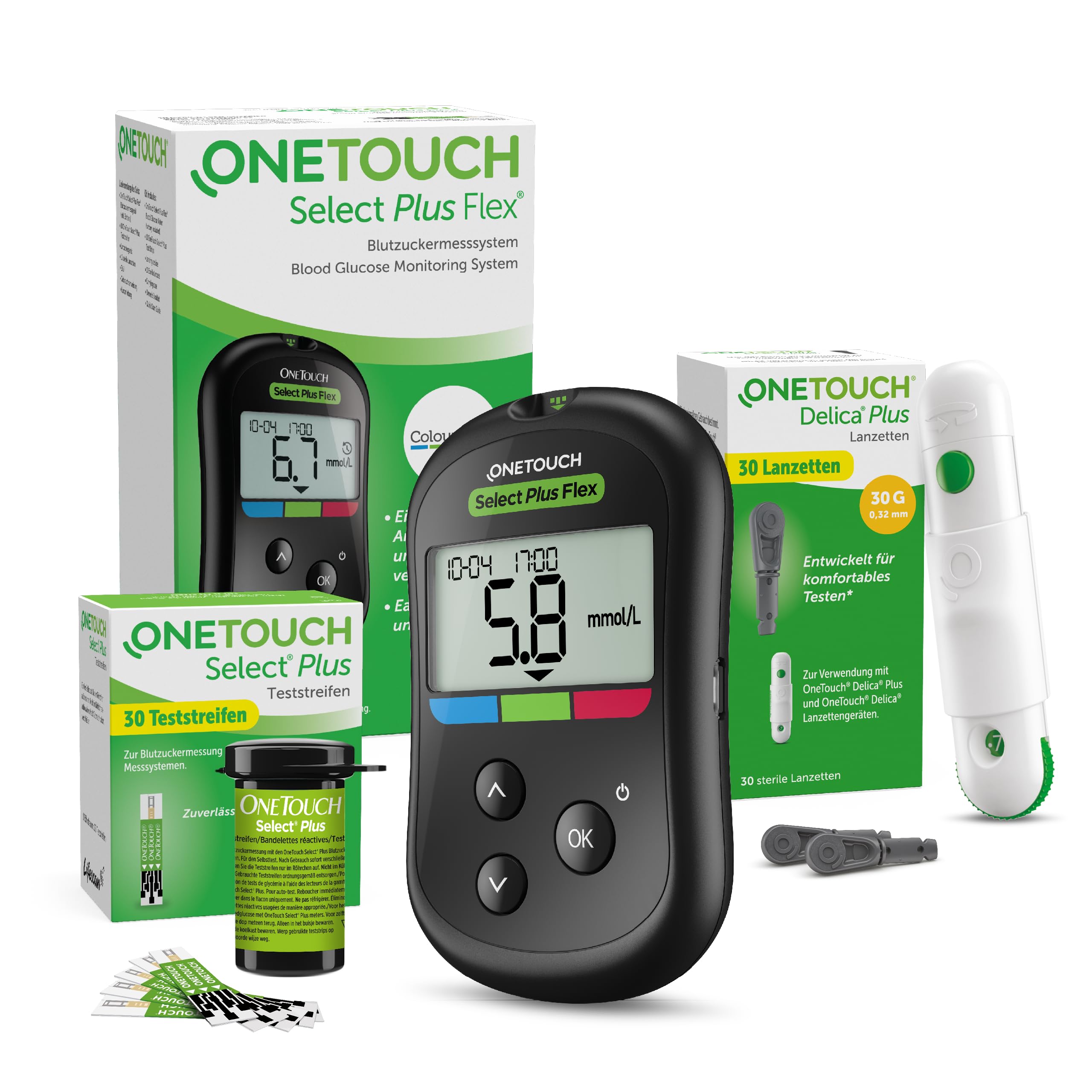 OneTouch Select Plus Flex® Blutzuckermessgerät Starterset Diabetes mmo/L | Set inkl. 40 Teststreifen & 40 Lanzetten & 1 Etui – Präzise Messung, einfache Anwendung