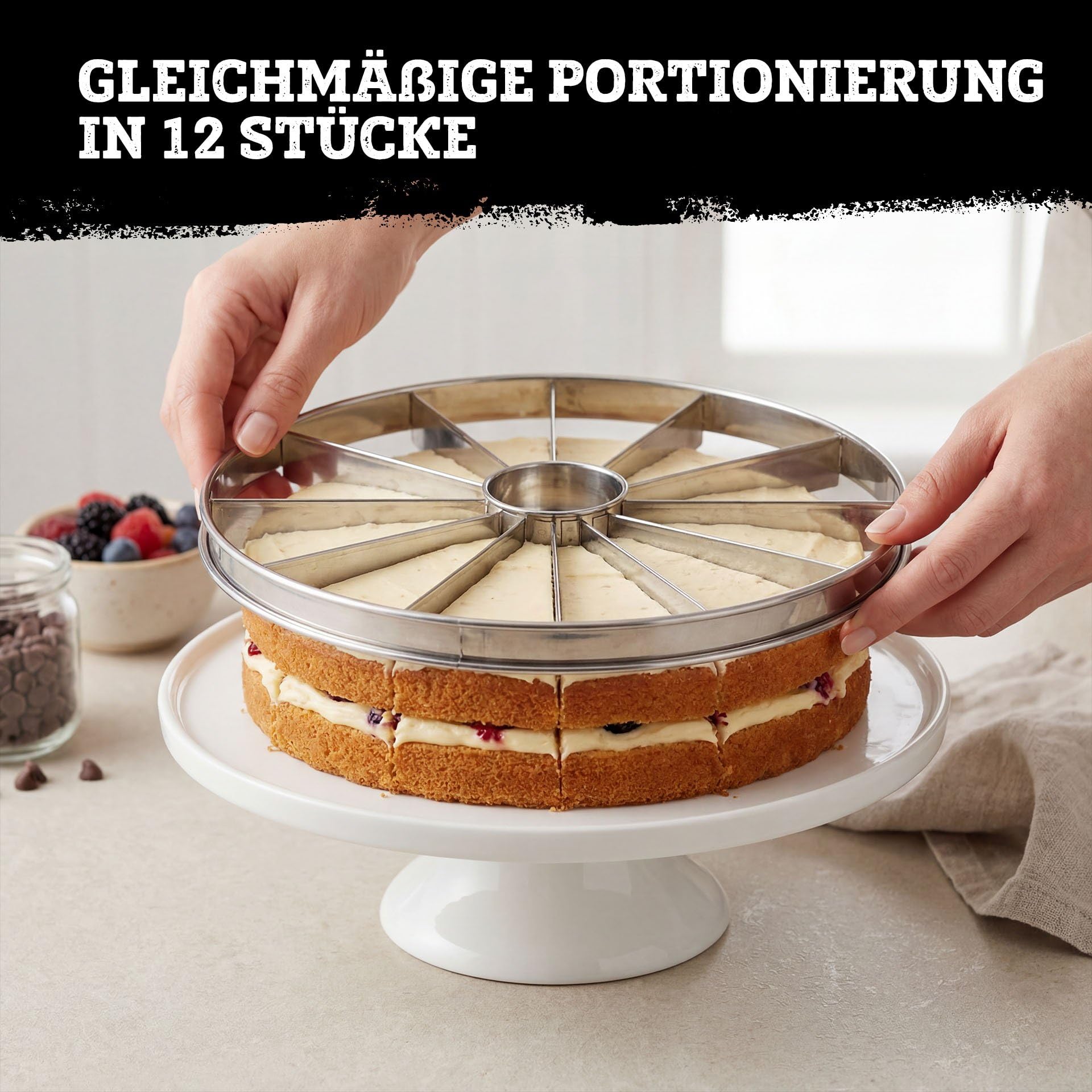 FMprofessional Tortenteiler aus Edelstahl – Tortenschneider für 12 gleichgroße Stücke, rostfreier Kuchenportionierer für Torten und Kuchen, spülmaschinengeeigneter Kuchenteiler