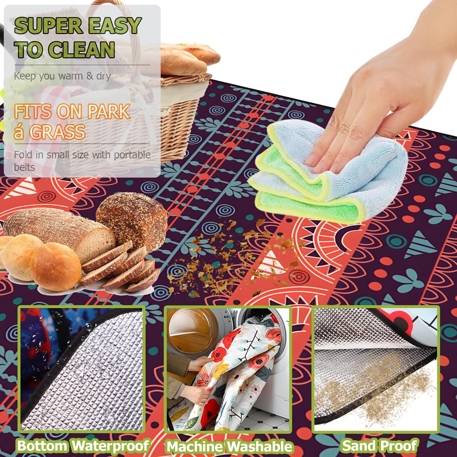 300 X 300 Cm Coperta da Picnic, Fondo Tappetino da Picnic da Spiaggia Impermeabile Extra Large, Pieghevole Lavabile in Lavatrice per Picnic All'aperto Giardino Spiaggia Campeggio, X, 150 x 150 cm