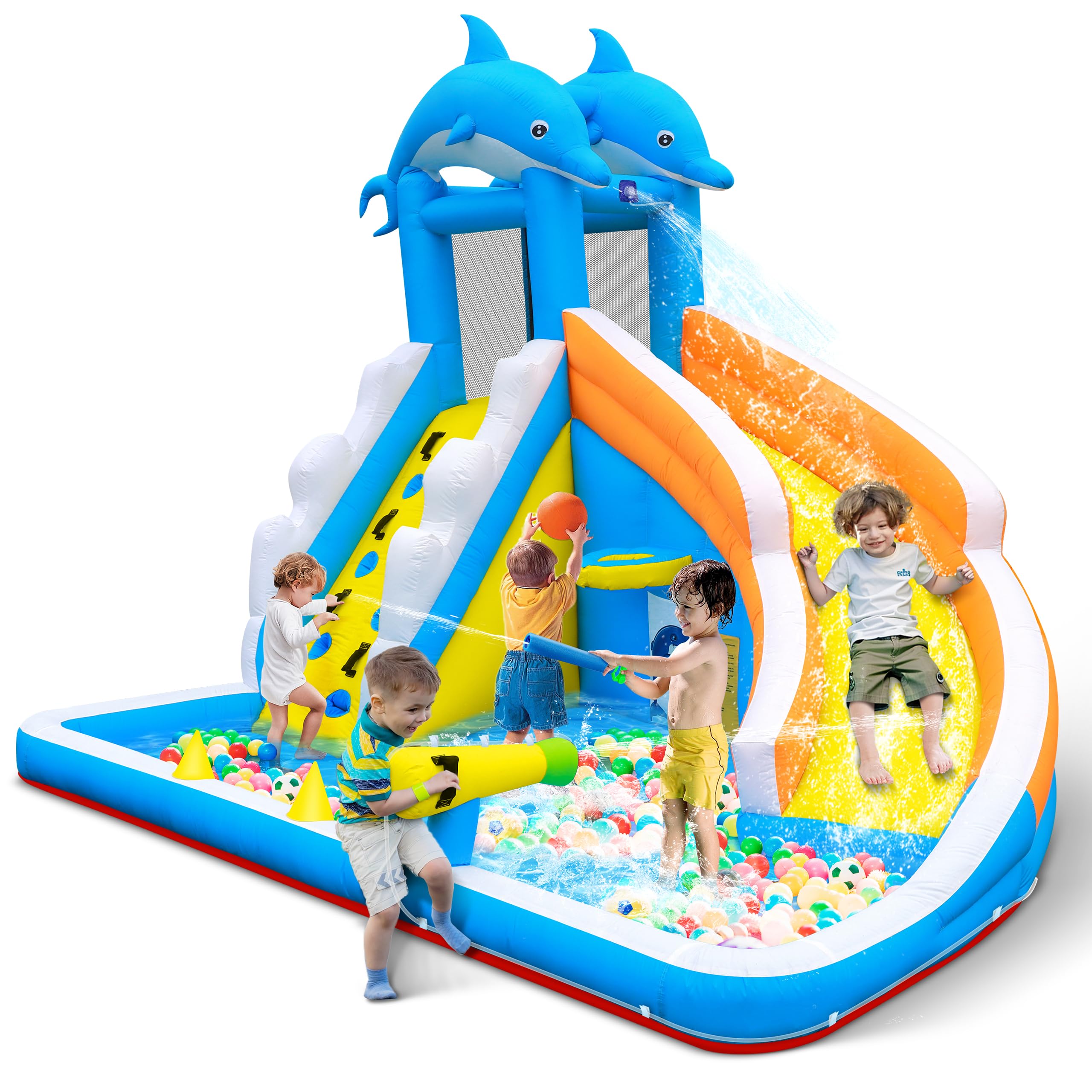 TOAOB Inflatable Water Slide,5 in 1 Dolphin Inflatable Bounce House for Kids- Climbing Wall Splash Pool Water Cannon Basketball Rim - 480W Blower - for Indoor Outdoor Backyard Birthday Party