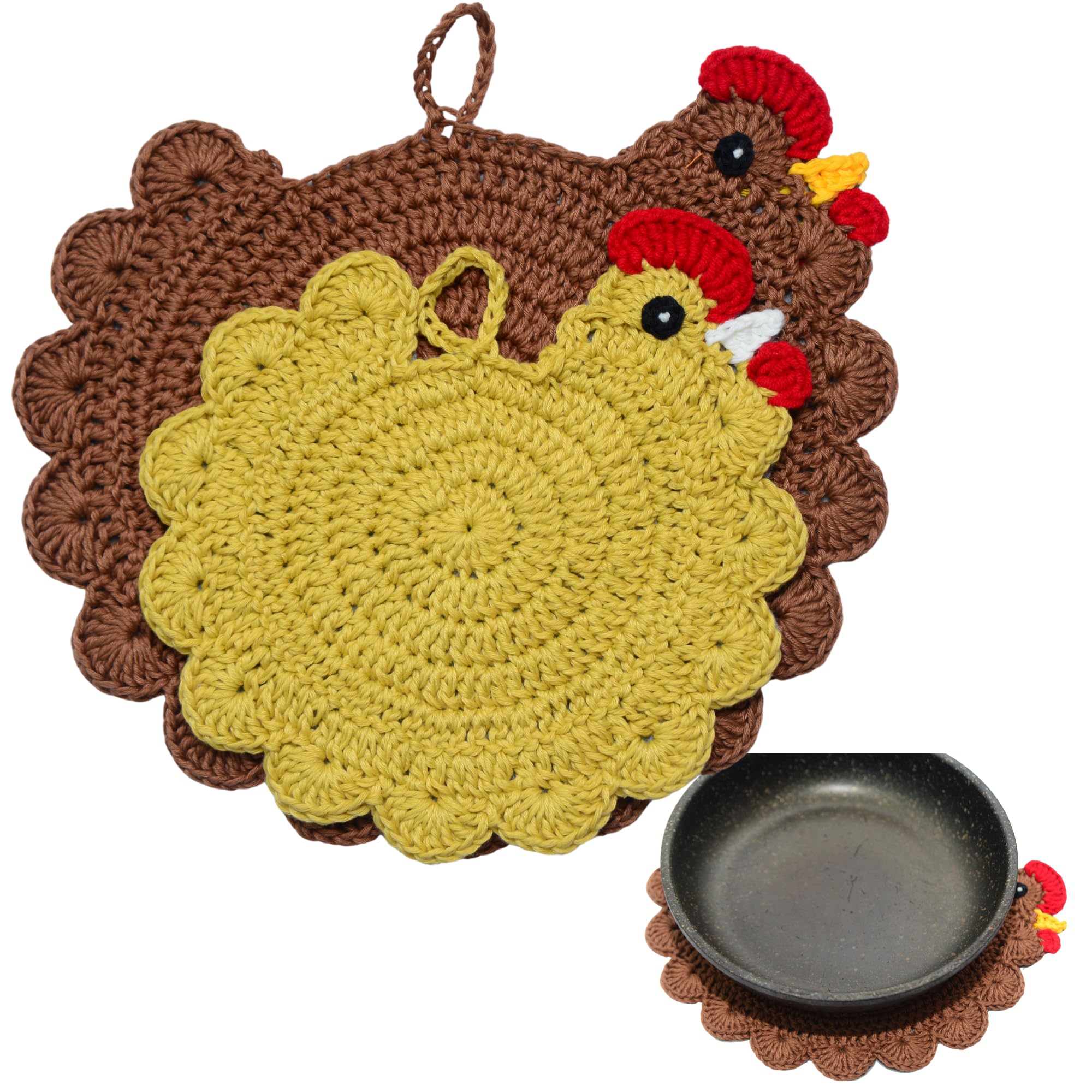 Handmade Crochet Chicken Trivets Set of 2, Chicken-Gifts, Valentine Gifts, Pot Holders, Heat Resistant Farmhouse Kitchen Home Decor, Cooking, Baking,